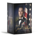 Military memorial booklet cover with portrait, U.S. flag, and gold script title
