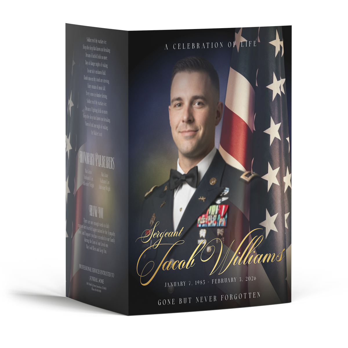 Military memorial booklet cover with portrait, U.S. flag, and gold script title