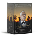 Gray funeral program booklet, folded cover with portrait and gold memorial text
