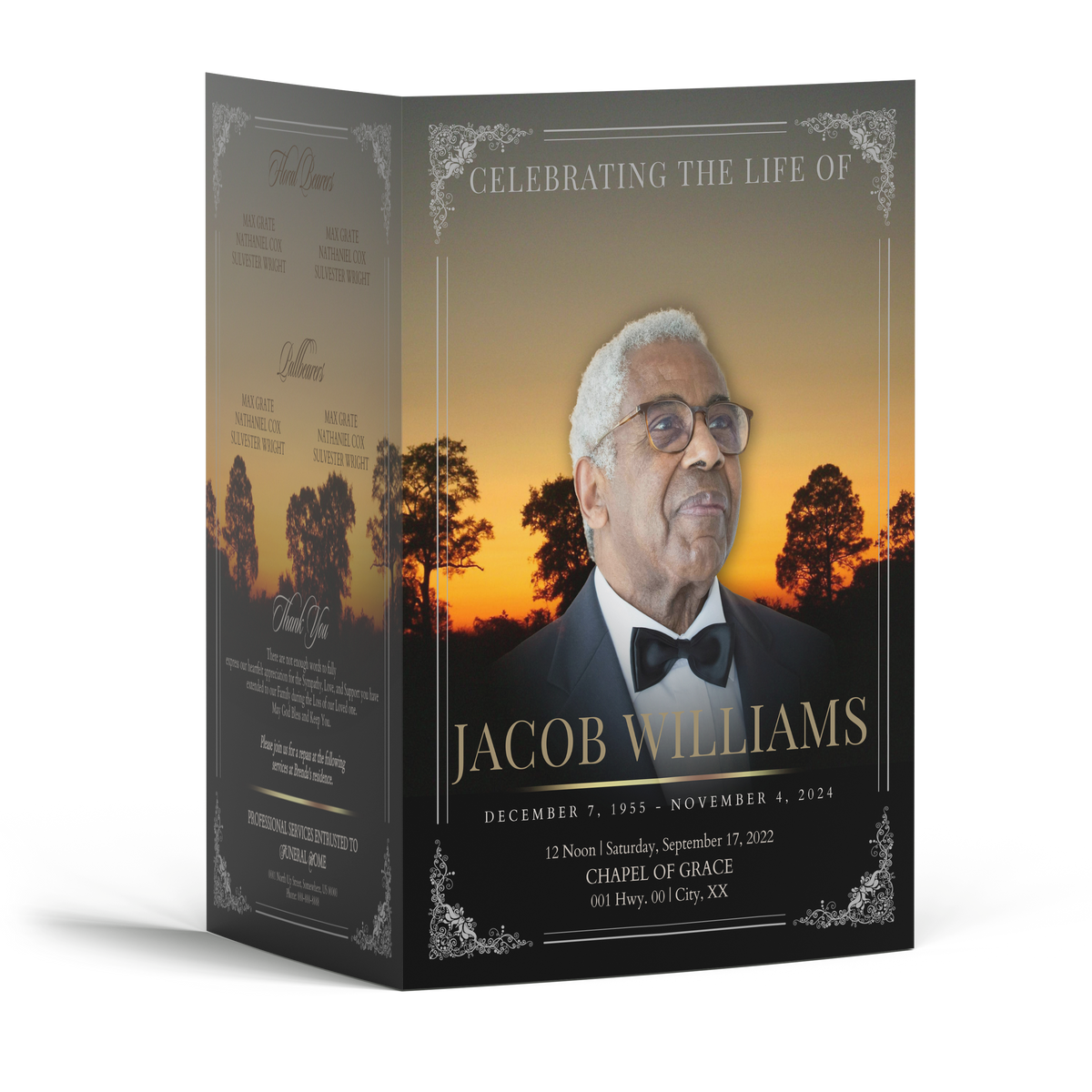 Gray funeral program booklet, folded cover with portrait and gold memorial text