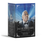 Blue funeral program booklet with portrait and framed sunset design, Jacob Williams