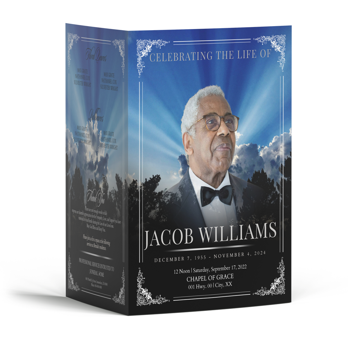 Blue funeral program booklet with portrait and framed sunset design, Jacob Williams
