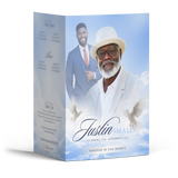Powder blue funeral program booklet with cloud pattern and portrait cover design
