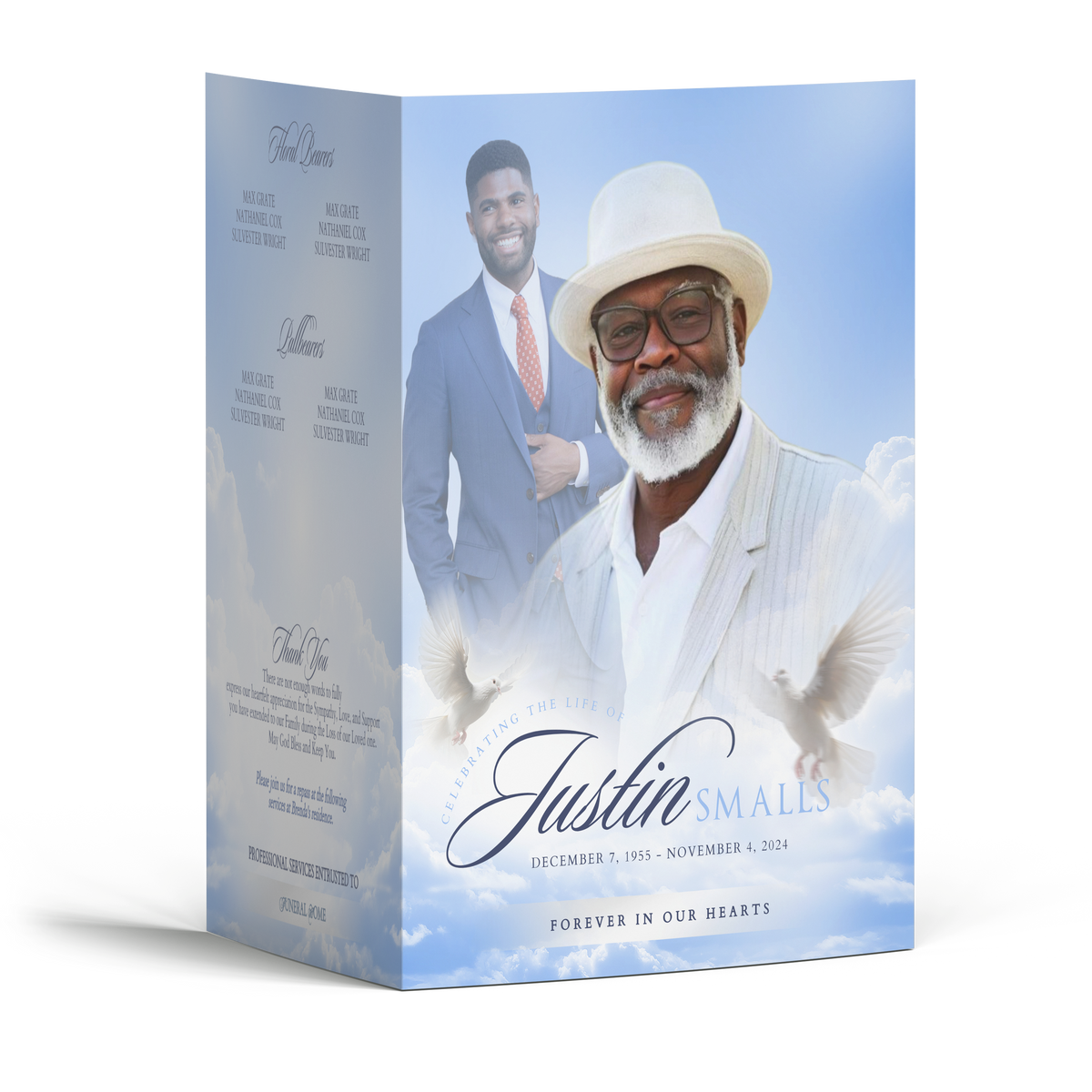 Powder blue funeral program booklet with cloud pattern and portrait cover design