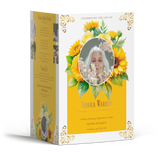Sunflower memorial program booklet, front cover with photo medallion and floral border