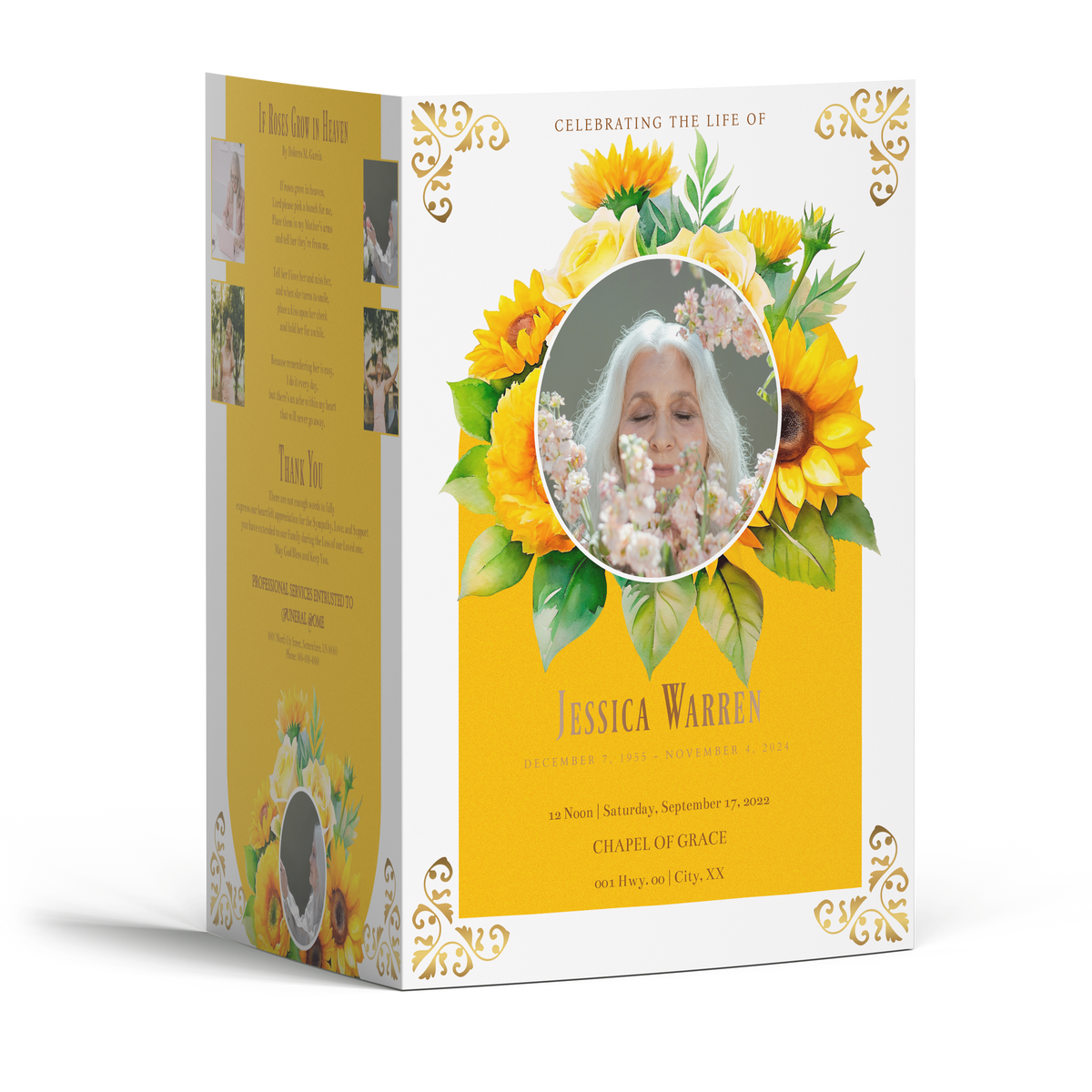 Sunflower memorial program booklet, front cover with photo medallion and floral border