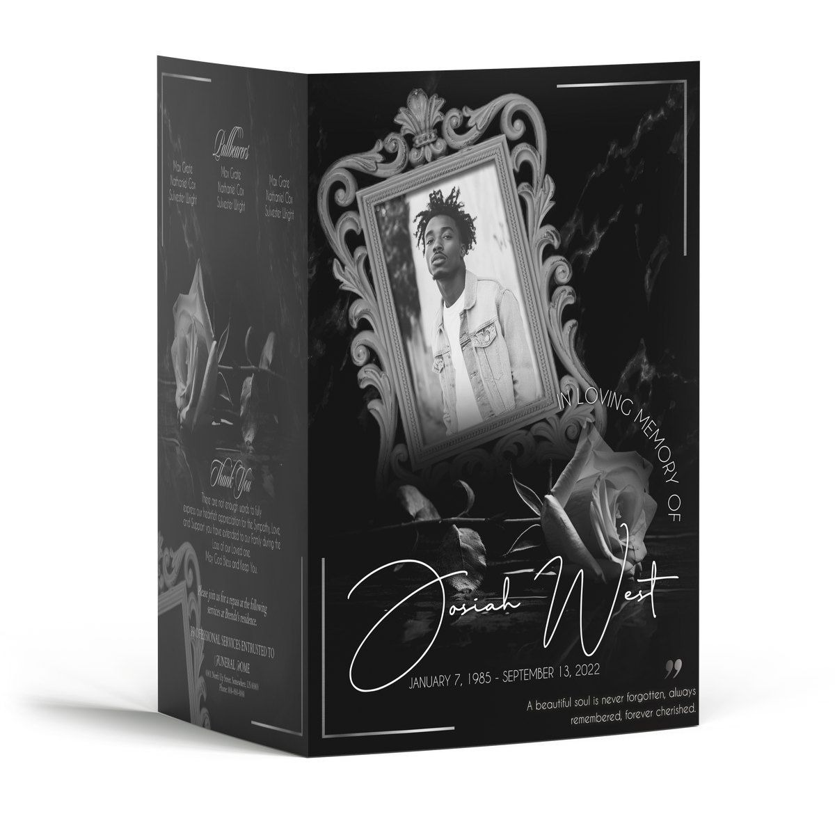Black and white memorial booklet page with framed portrait, roses, and decorative script