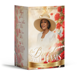 Memorial booklet cover with woman portrait in white outfit and hat, red roses, pearls
