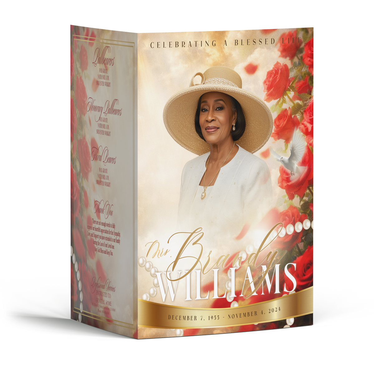 Memorial booklet cover with woman portrait in white outfit and hat, red roses, pearls