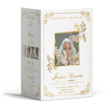 4-page funeral program booklet with gold diamond floral frame on white cover