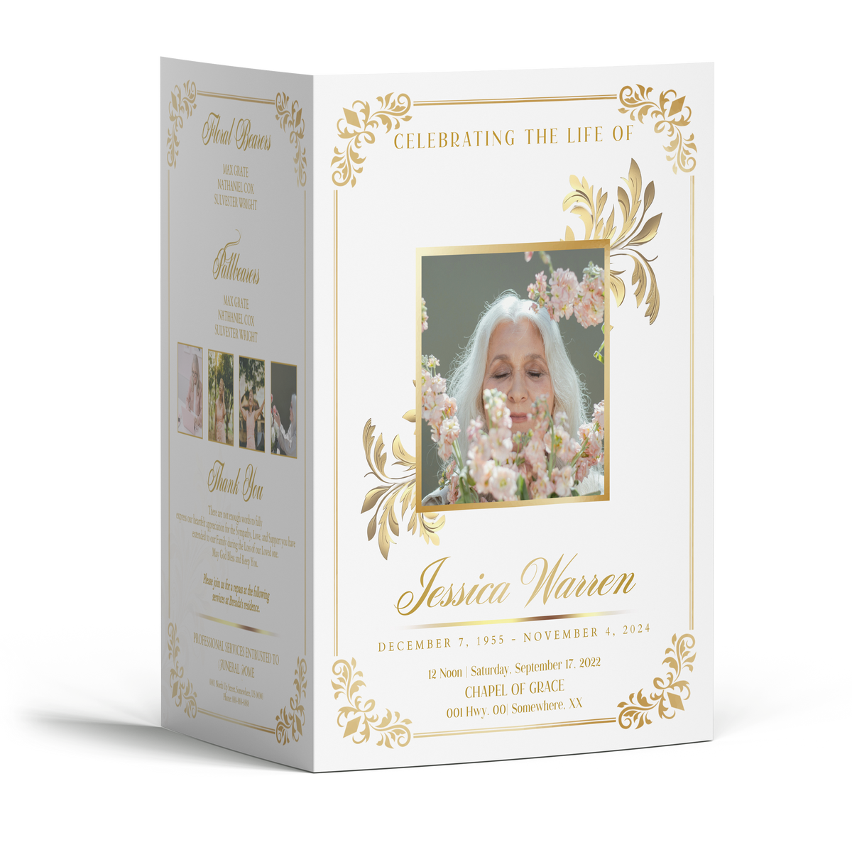 4-page funeral program booklet with gold diamond floral frame on white cover