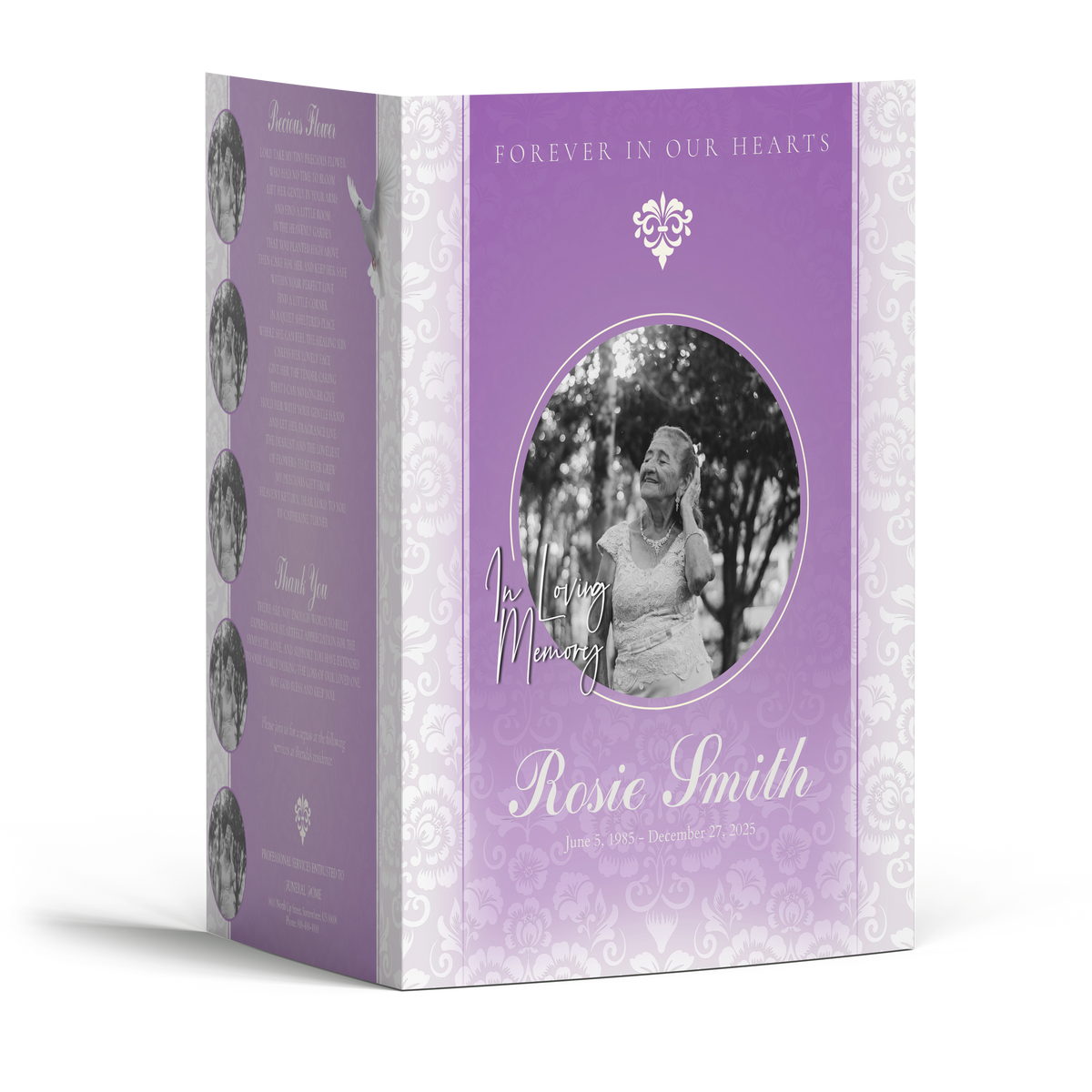 Memorial funeral program booklet with purple floral design and oval portrait photo