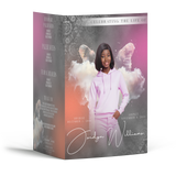 Event booklet cover with pink-coral gradient, butterfly artwork, and portrait photo of woman
