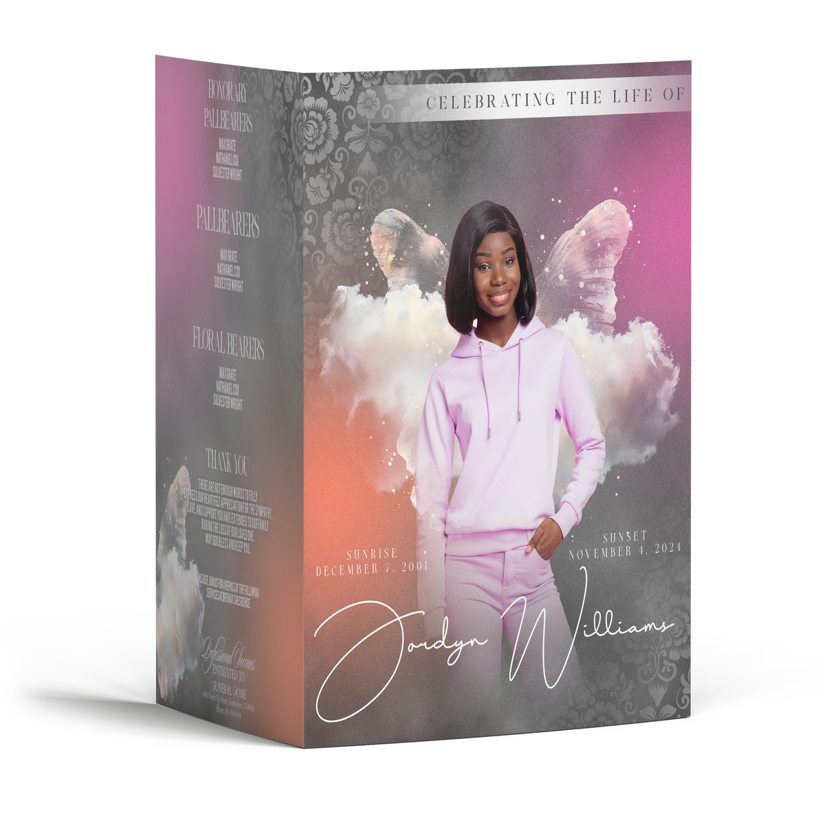 Event booklet cover with pink-coral gradient, butterfly artwork, and portrait photo of woman