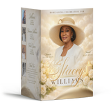 Memorial booklet cover with portrait of woman, hat, floral accents and gold script