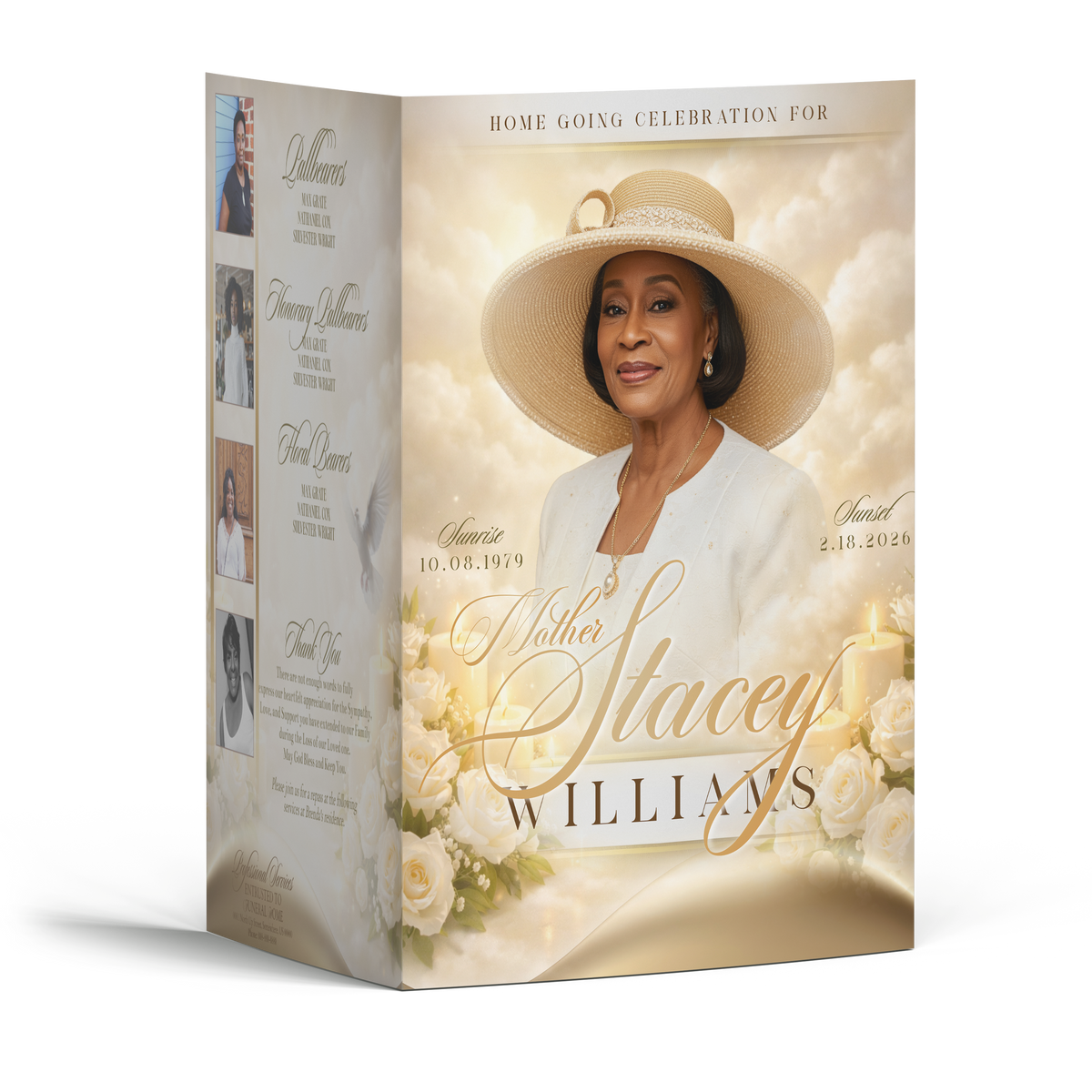 Memorial booklet cover with portrait of woman, hat, floral accents and gold script