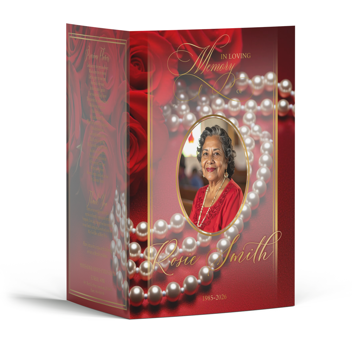Memorial brochure cover with red rose design, pearl border, and oval portrait
