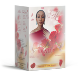 Floral funeral program booklet with central portrait and rose petals design, tri-fold.