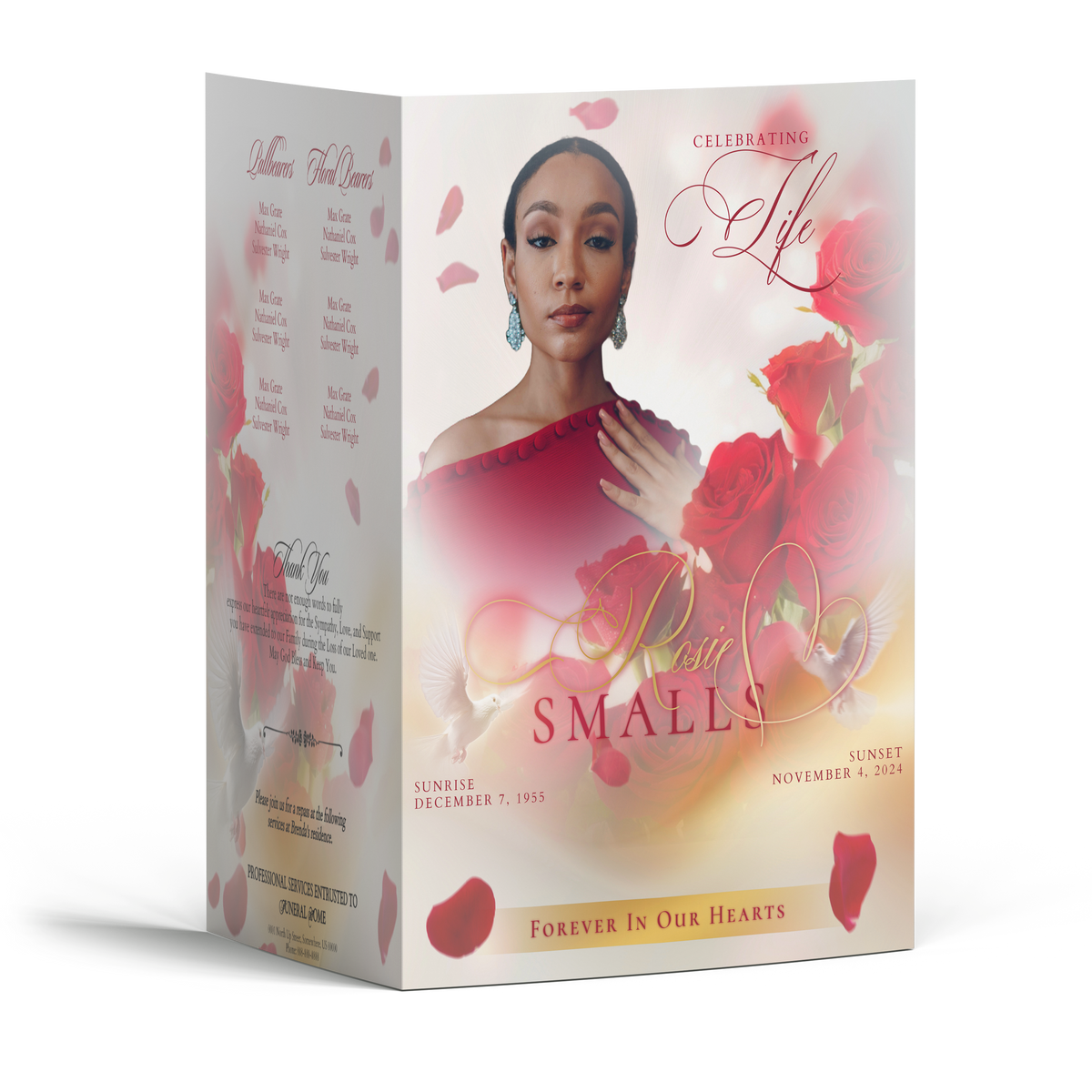 Floral funeral program booklet with central portrait and rose petals design, tri-fold.