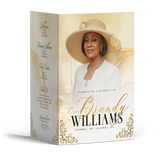 Memorial booklet cover with woman's portrait, white outfit, wide hat, gold bokeh design