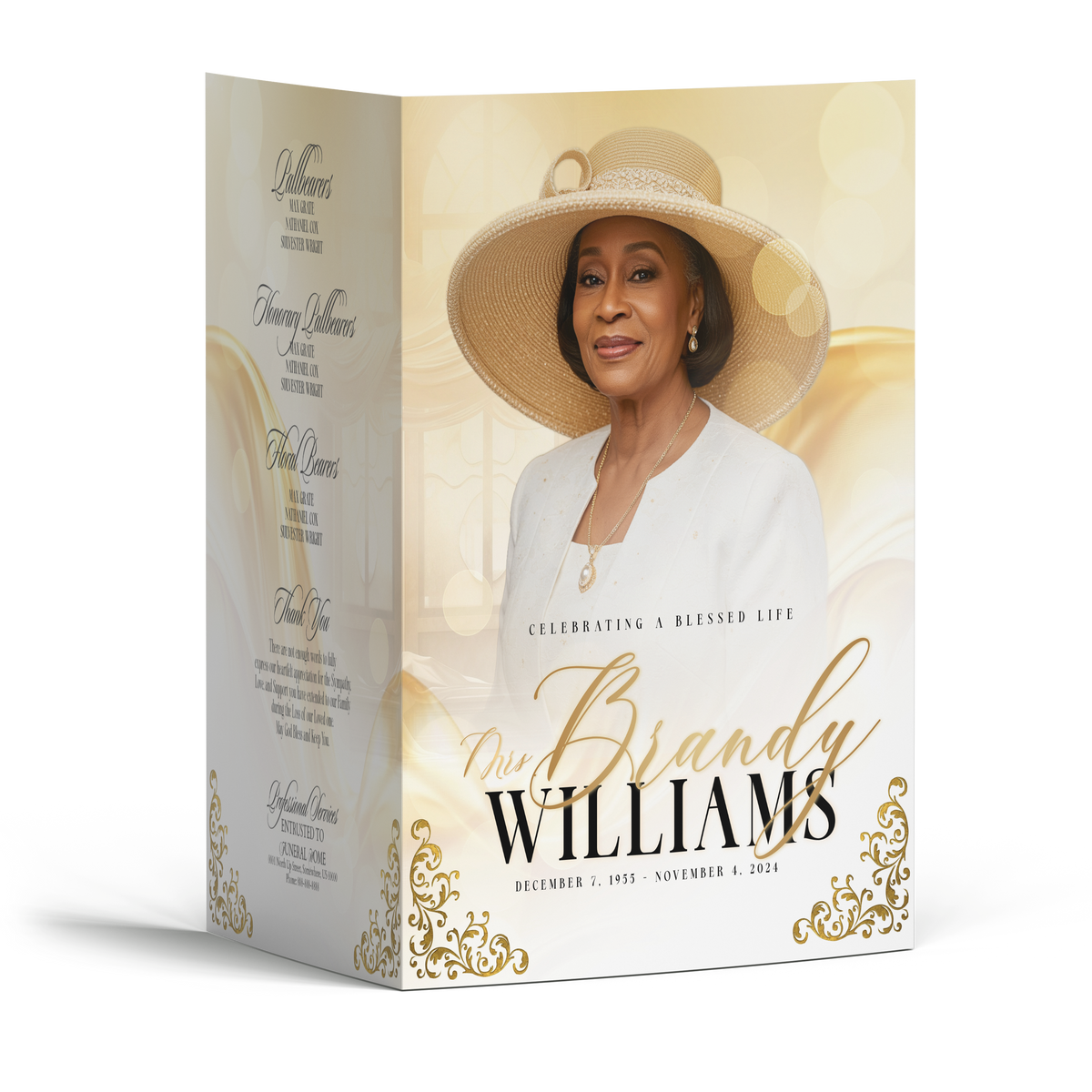 Memorial booklet cover with woman's portrait, white outfit, wide hat, gold bokeh design