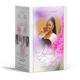 4-page memorial booklet with pink and purple floral heart design and portrait