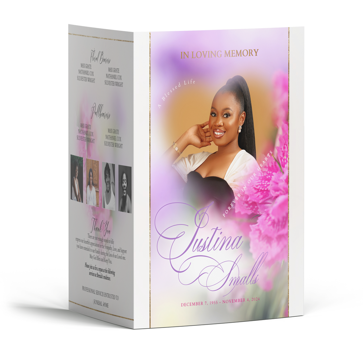 4-page memorial booklet with pink and purple floral heart design and portrait