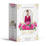 4-page funeral program booklet with pink rose floral design and central portrait