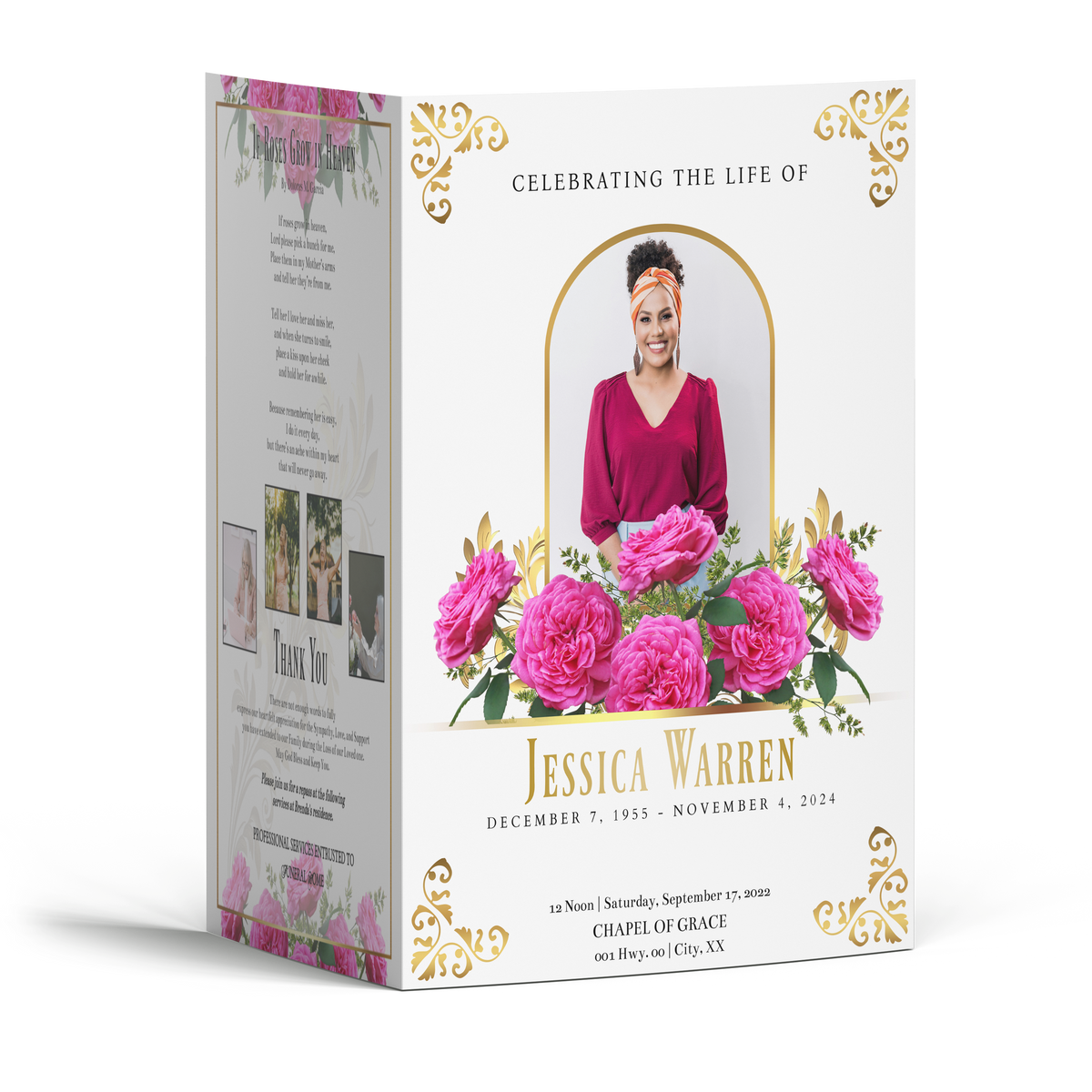 4-page funeral program booklet with pink rose floral design and central portrait