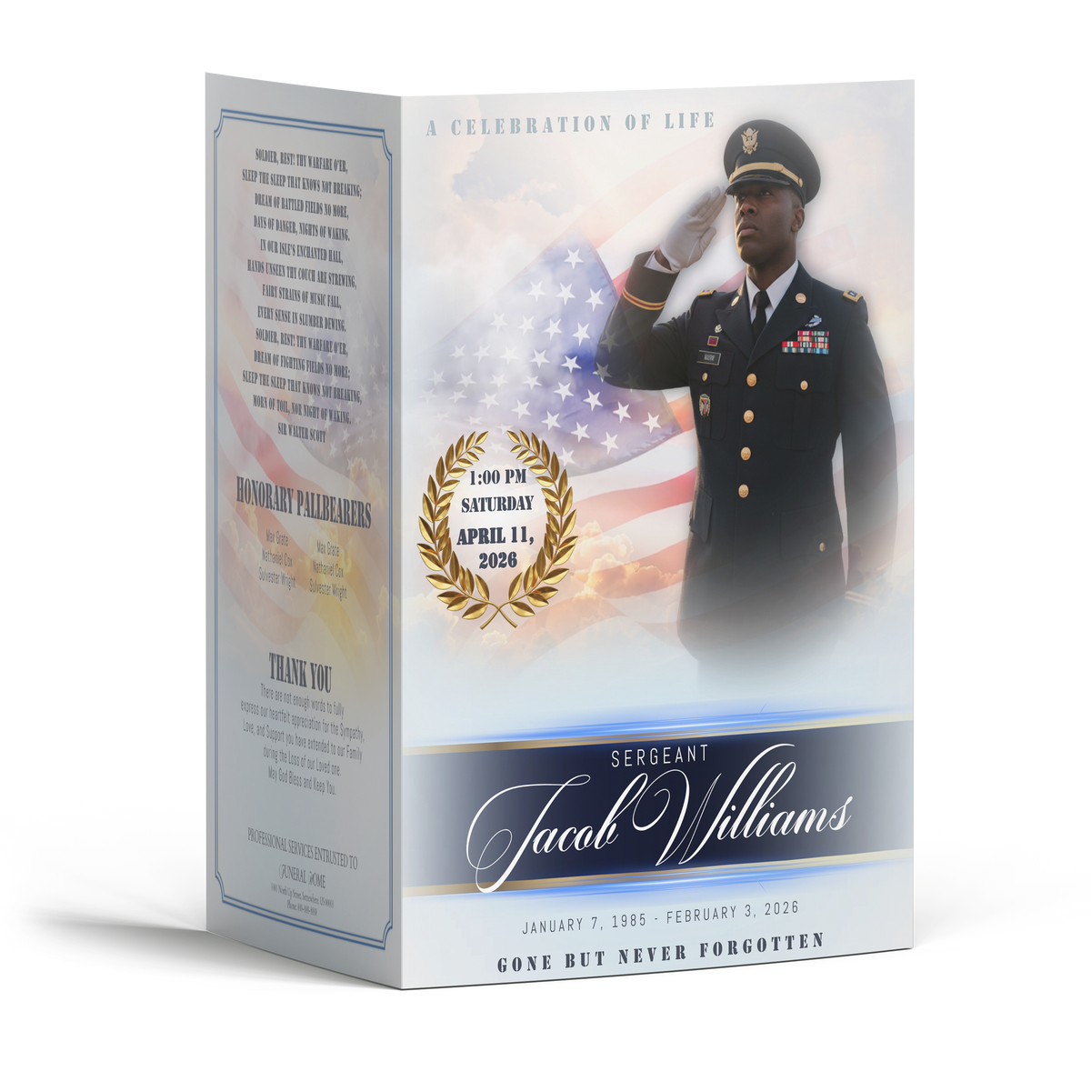 Memorial program booklet with military officer portrait and American flag star design