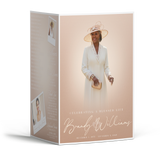 4-page nude beige booklet cover with woman portrait in white outfit and hat