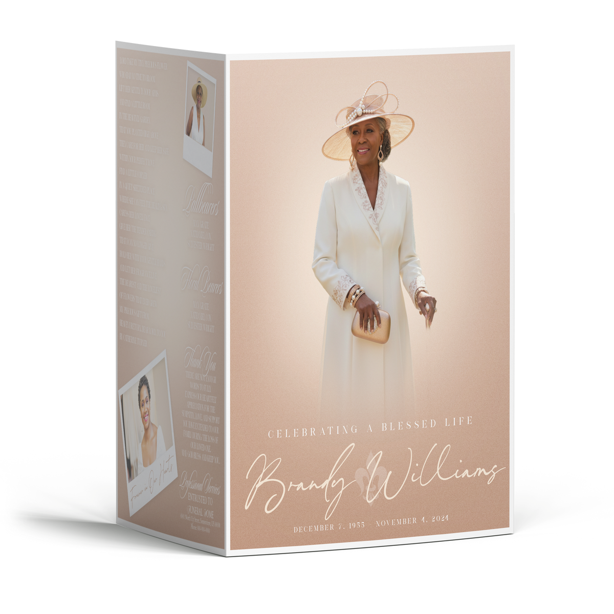 4-page nude beige booklet cover with woman portrait in white outfit and hat
