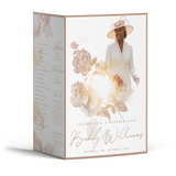 Floral memorial booklet cover with illustrated flowers, portrait frame, and “Celebrating a Blessed Life”.