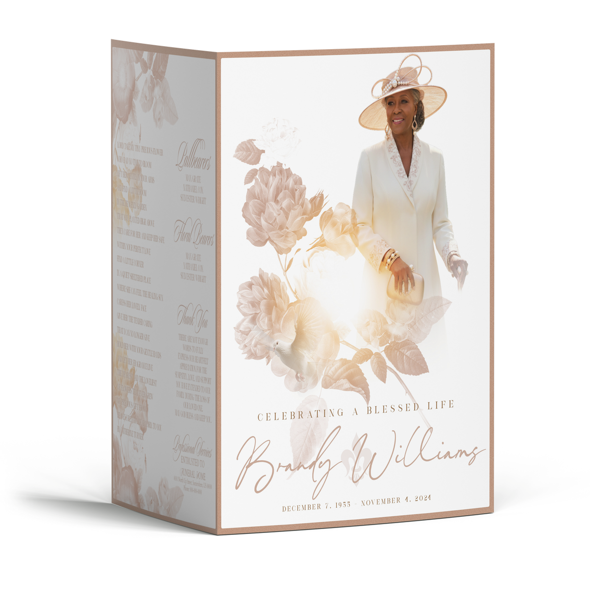 Floral memorial booklet cover with illustrated flowers, portrait frame, and “Celebrating a Blessed Life”.