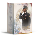 4-page tribute booklet cover with soldier in uniform and laurel wreath on front