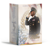 4-page tribute booklet cover with soldier in uniform and laurel wreath on front