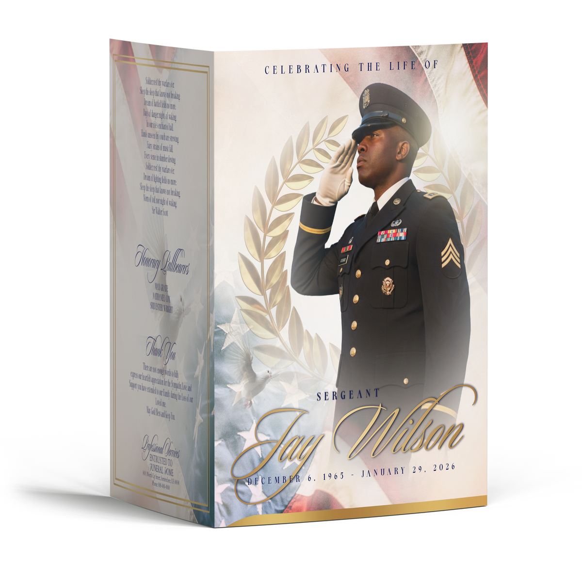 4-page tribute booklet cover with soldier in uniform and laurel wreath on front