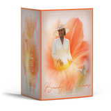 Orange flower 4-page memorial booklet cover with portrait of woman in hat, orange border