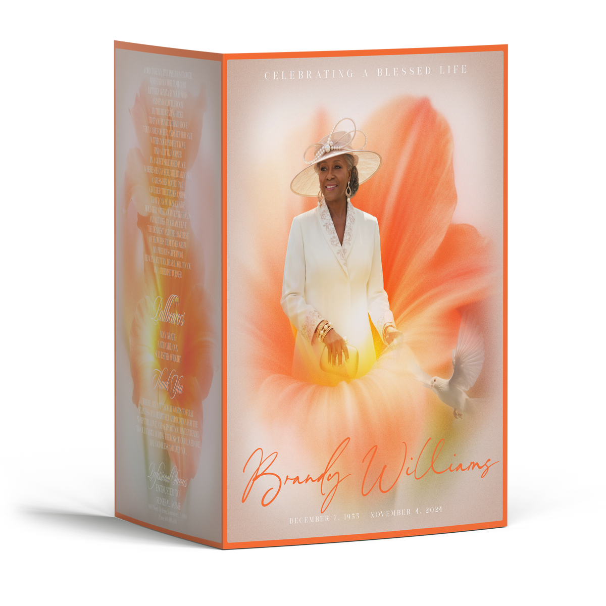 Orange flower 4-page memorial booklet cover with portrait of woman in hat, orange border