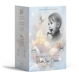 Closed memorial booklet with baby boy portrait, dove, and candle scene in soft blue