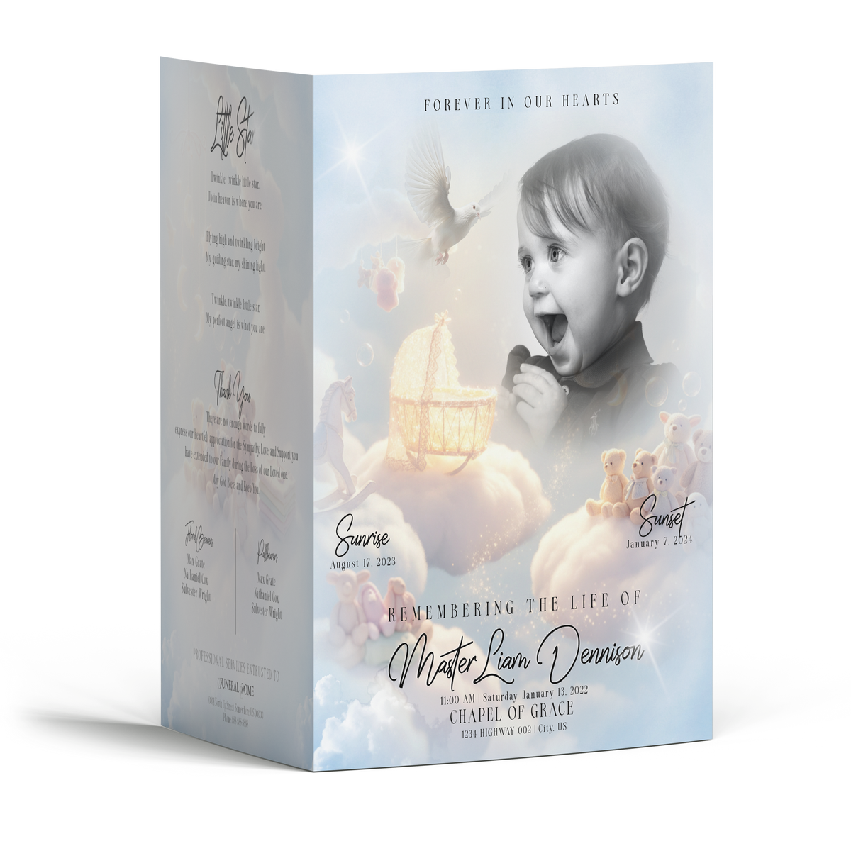 Closed memorial booklet with baby boy portrait, dove, and candle scene in soft blue