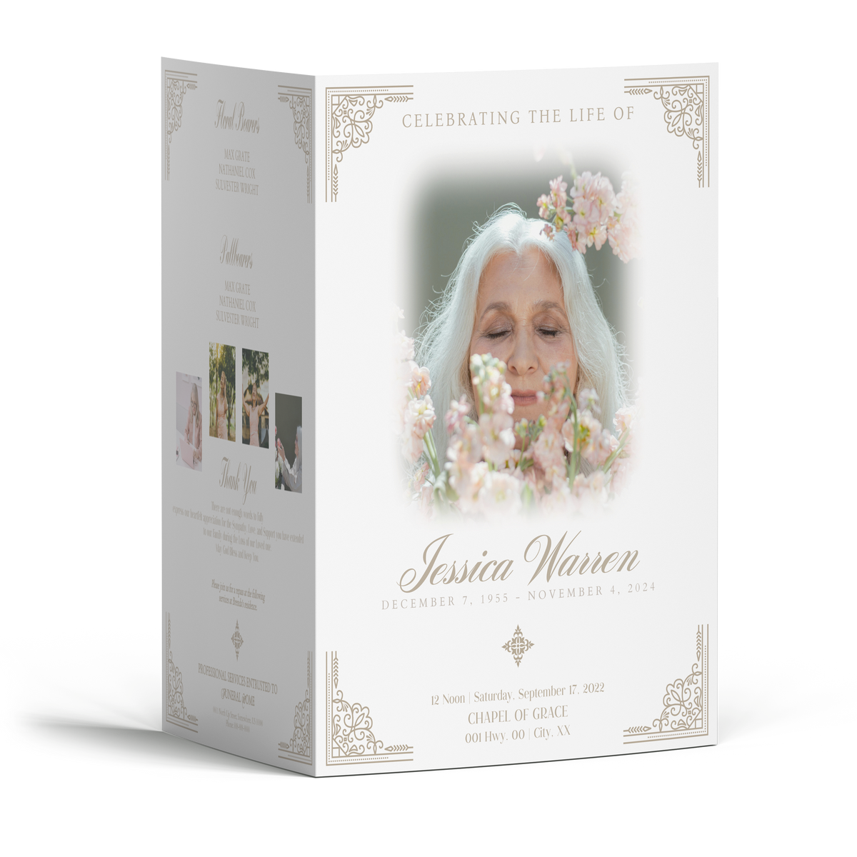 Obituary booklet open at an angle, featuring a centered floral portrait and ornate text frame.