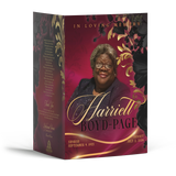 Custom 4 page memorial program booklet with photo, floral design, and gold script text