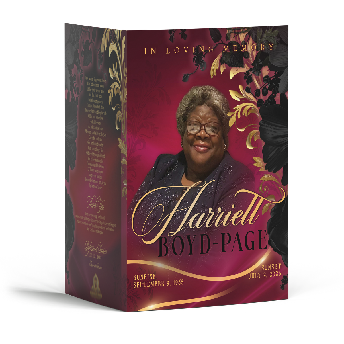 Custom 4 page memorial program booklet with photo, floral design, and gold script text