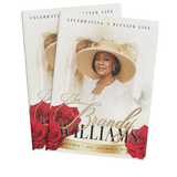Memorial booklet with red rose cover, gold frame, and portrait, two covers shown