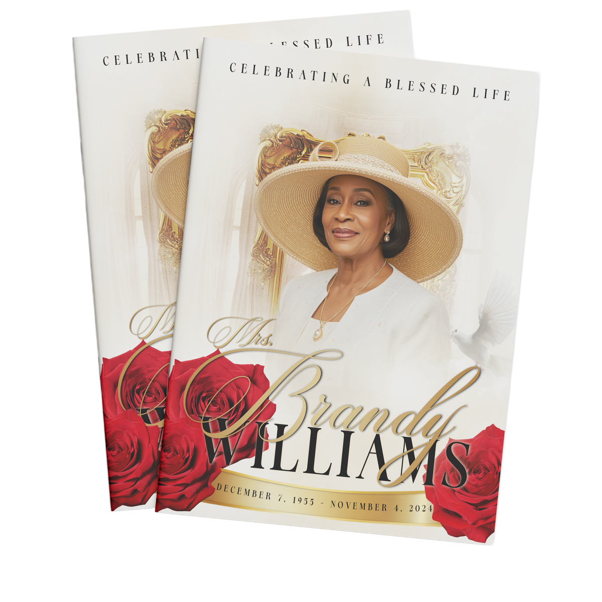 Memorial booklet with red rose cover, gold frame, and portrait, two covers shown