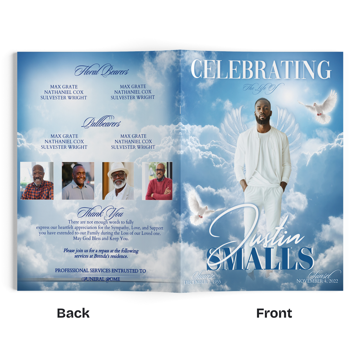 8-page funeral program booklet with blue sky clouds and Justin Smalls cover