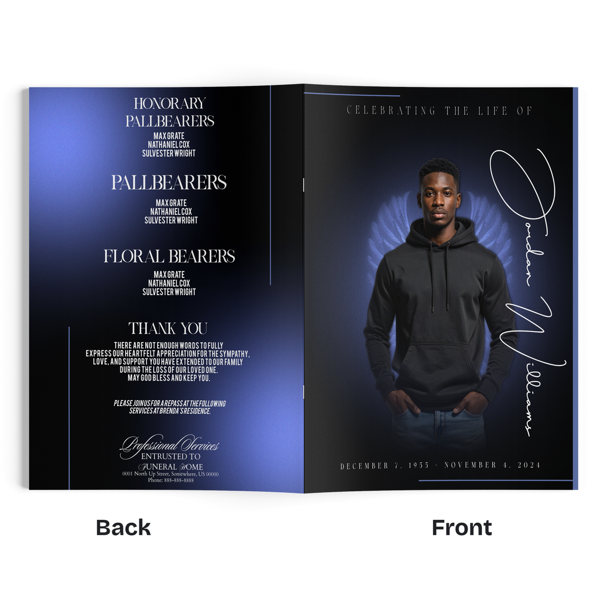 Printed event booklet open spread with portrait photo and blue angel wing line art