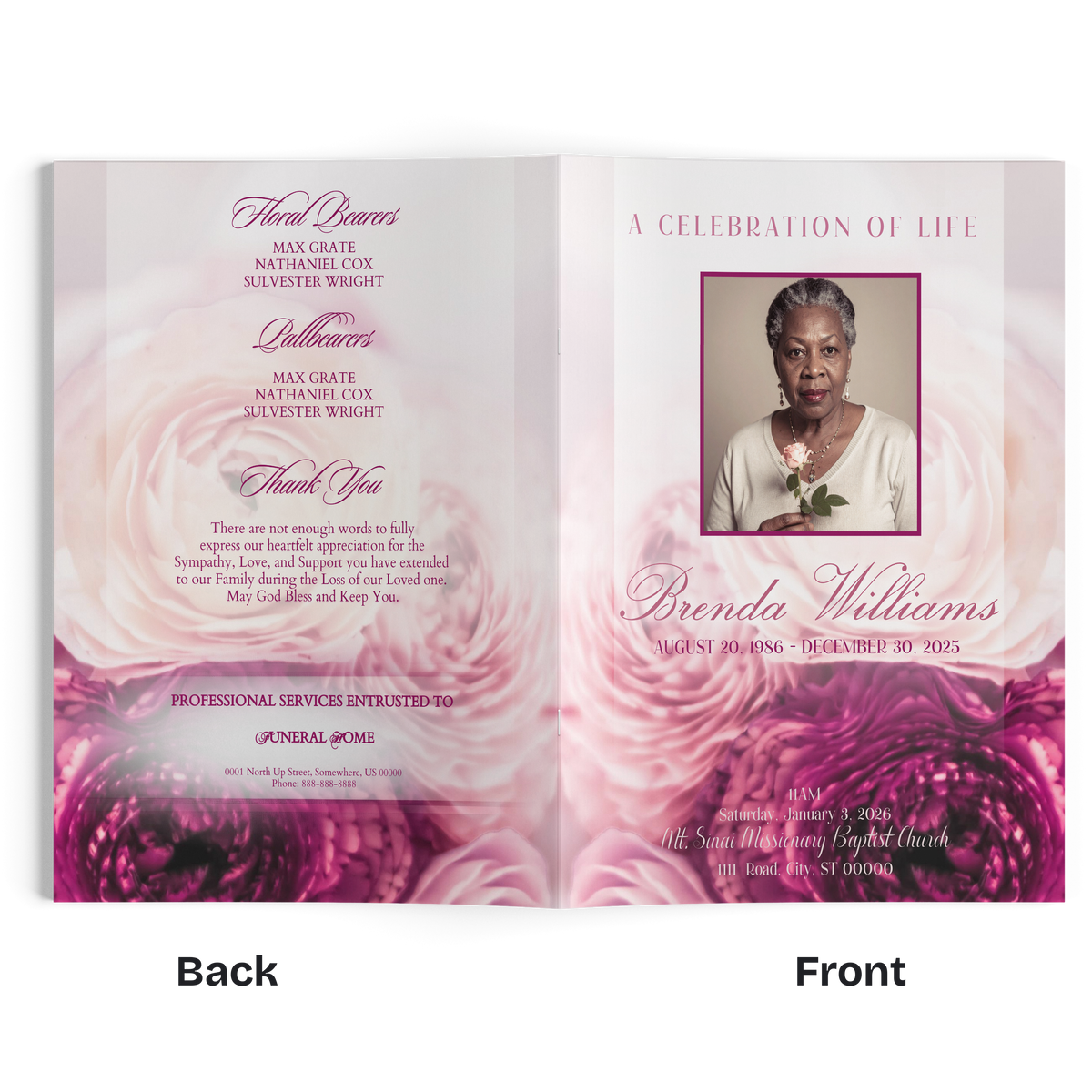 Mauve rose funeral program booklet, open spread with portrait and memorial details