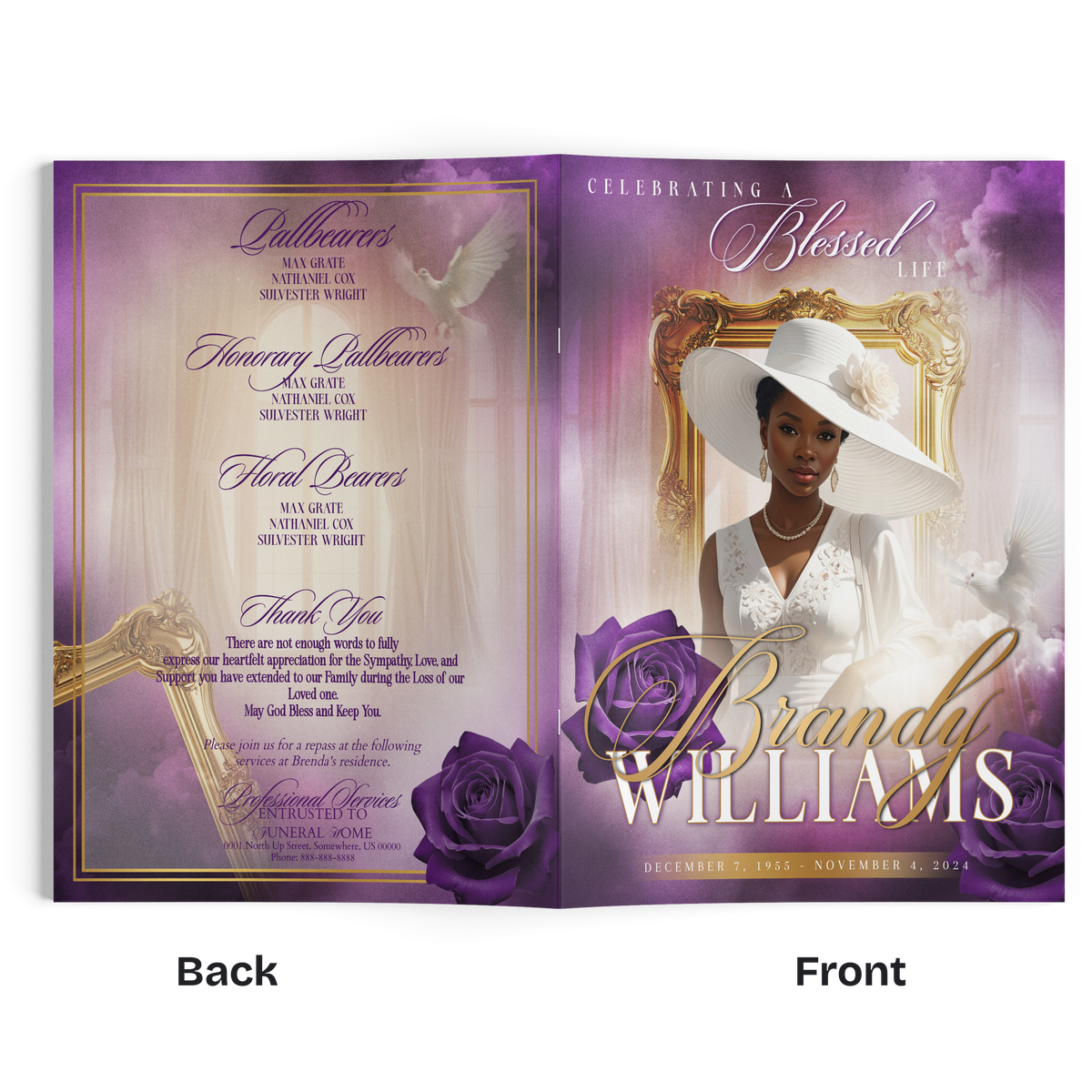 8-page funeral program booklet, purple and gold floral design with portrait on right